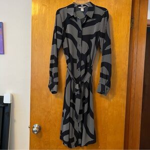 H&M Navy Blue and White Geometric Long Sleeve Shirtdress Size XS